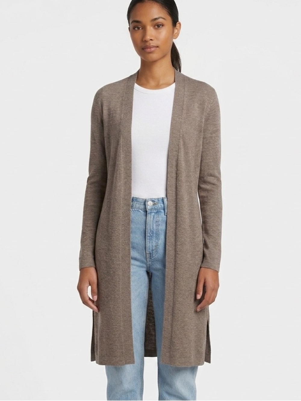 Adrienne Vittadini 100% Merino Wool Open Front Cardigan Brown Taupe Sz M
